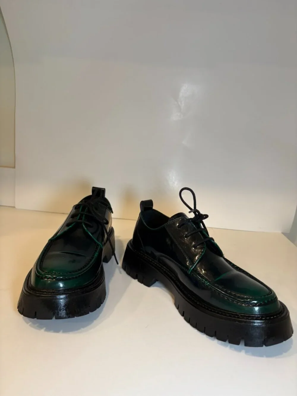 Vintage Green Black Patent Platform Derby Oxford Lug Sole Shoes EU 38 7 7.5